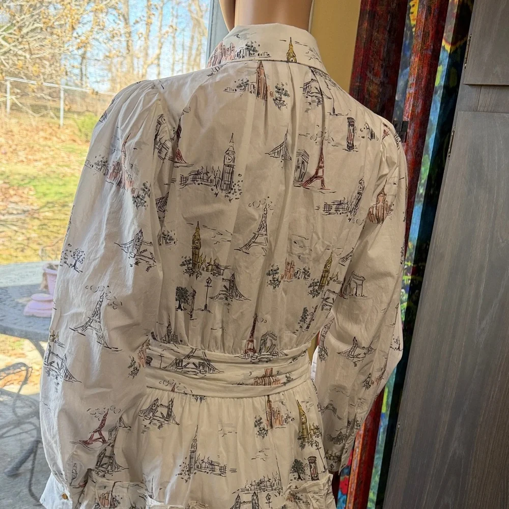 En Saison Travel Print Dress with Puff Sleeves, Tie Waist, Medium - Picture 10 of 13